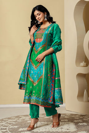 Teal Crepe Silk Printed Suit