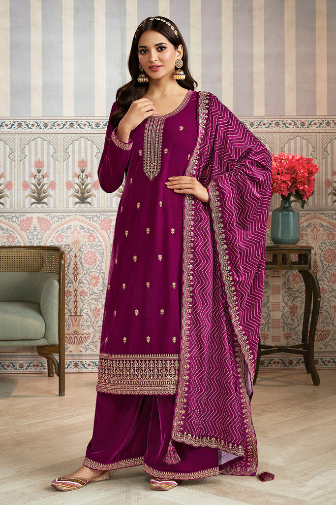 Wine Velvet Sequins and Zari Embroidered Unstitched Suit Fabric