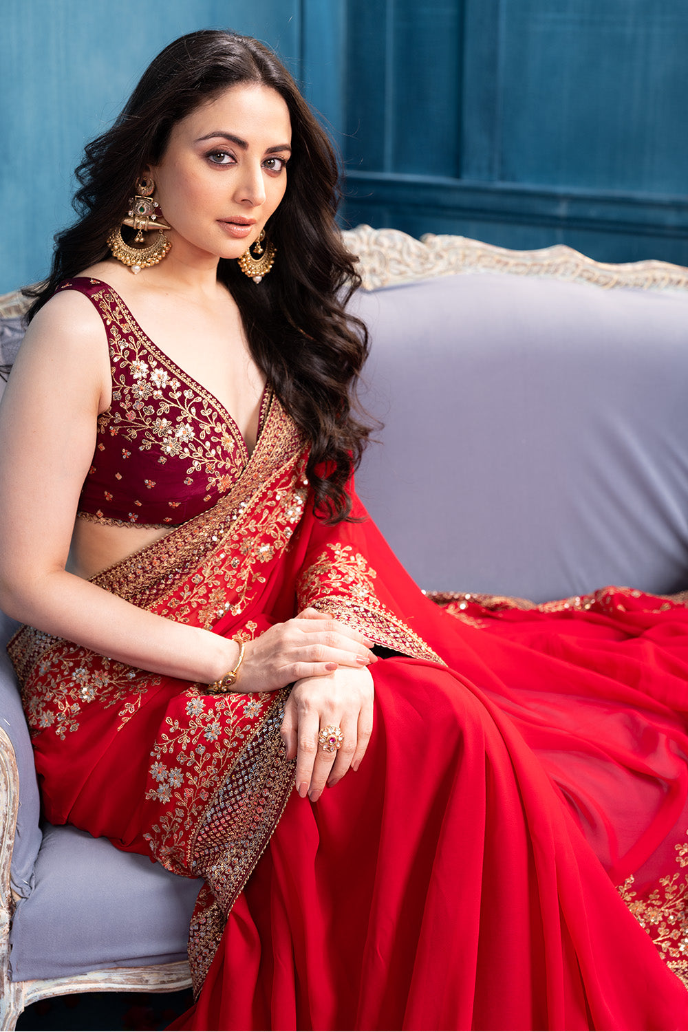 Rubi Red Pure Georgette Sequins Floral Embroidered Saree