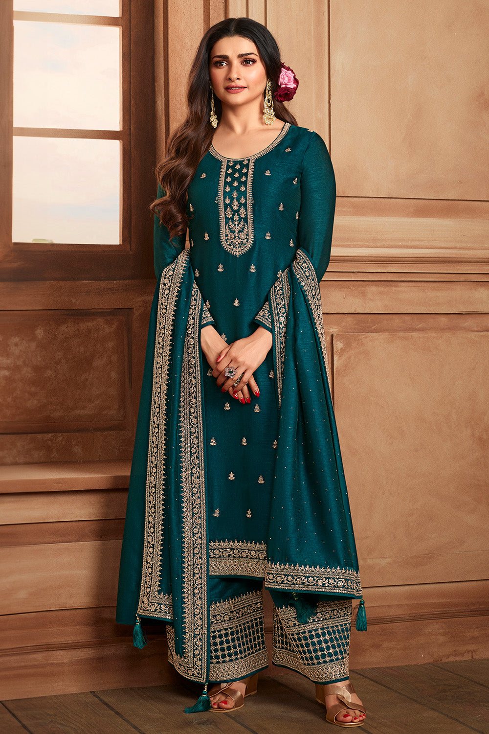 Teal Color Embroidered Silk Unstitched Suit Fabric