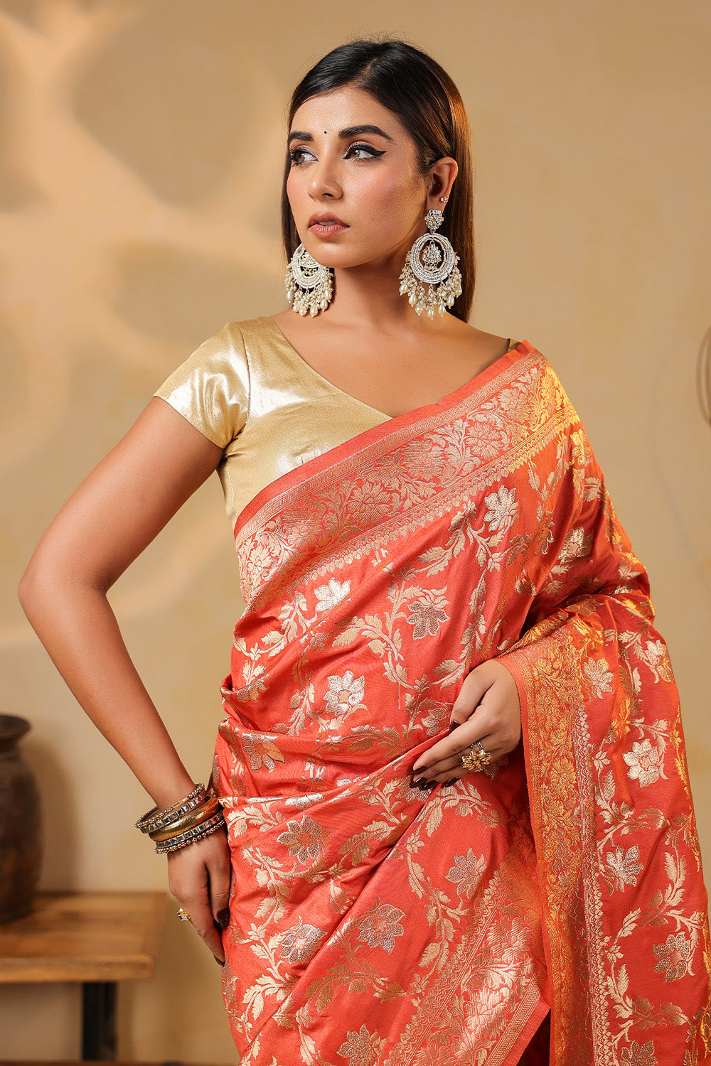 Dark Peach Zari Floral Woven Silk Saree