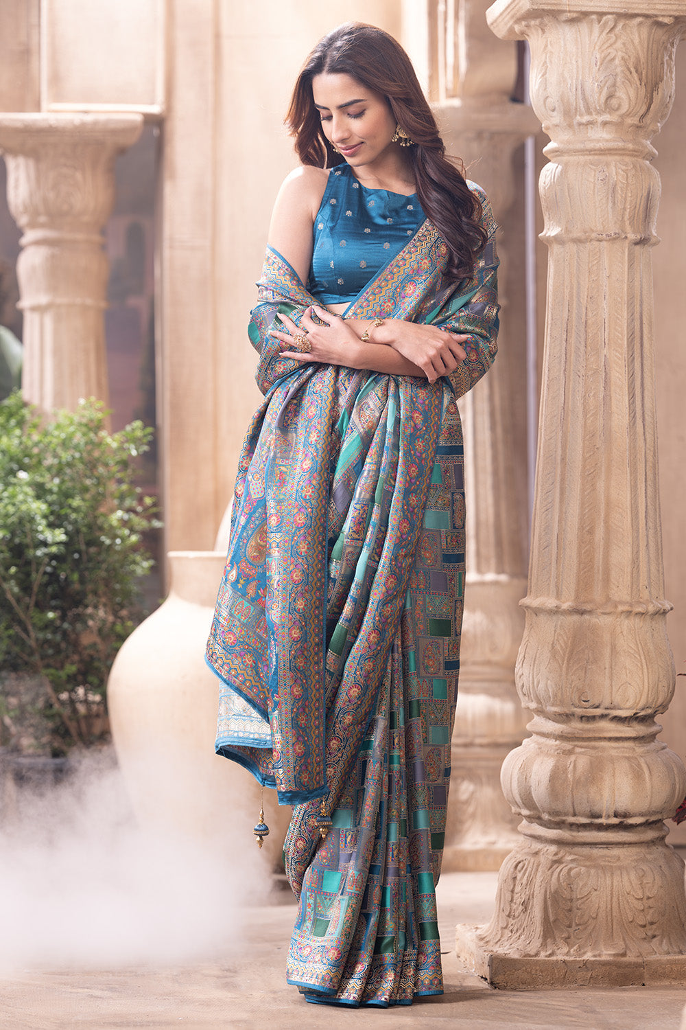 Teal Blue Position Print Woven Silk Saree