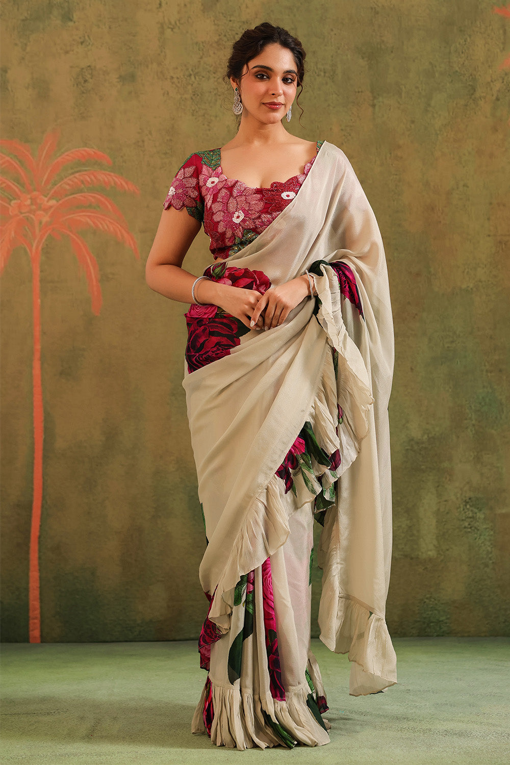 Cream Pure Crepe Silk Floral Printed Ruffled Saree With Readymade Cut-Dana Embroidered Blouse