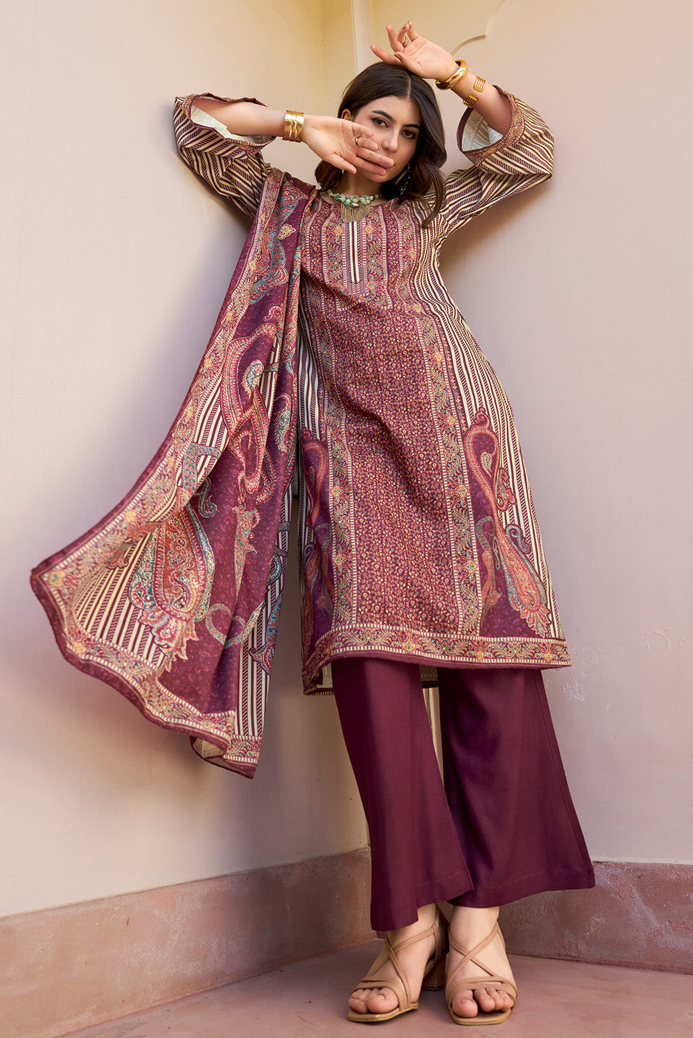 Beige & Wine Spun Mughal-Inspired Paisley Printed Unstitched Suits Material