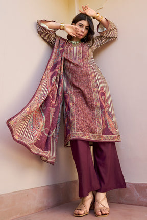 Beige & Wine Spun Mughal-Inspired Paisley Printed Unstitched Suits Material