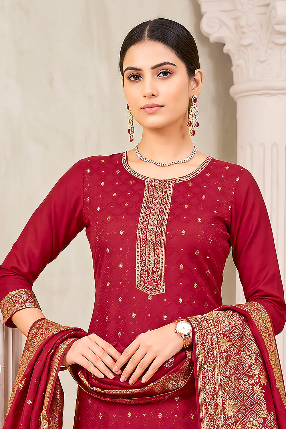 Maroon Pashmina Zari Woven Unstitched Suit Material