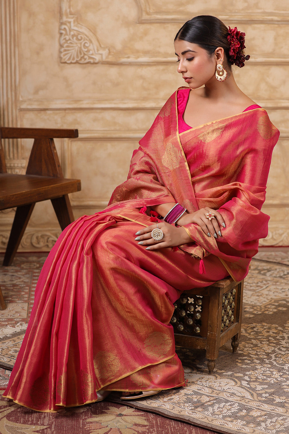 Fuchsia Pink Color Organza Cotton Golden Zari Woven Saree