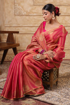Fuchsia Pink Color Organza Cotton Golden Zari Woven Saree