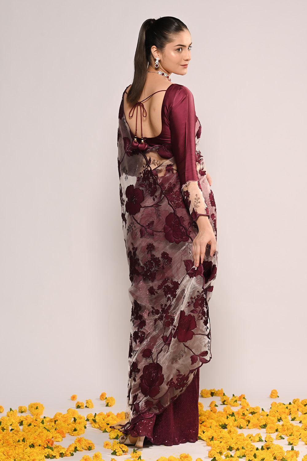 Wine Color Net Embroidered Saree