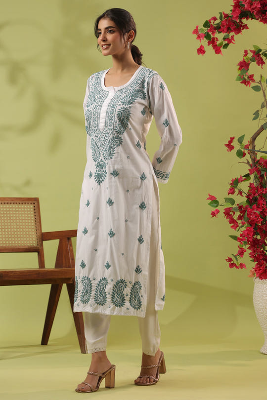White Resham Embroidered Kurta