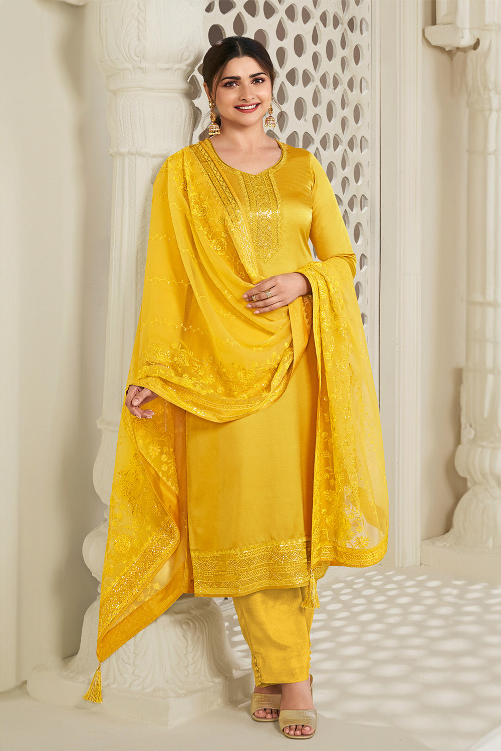 Mustard  Color Chinon Resham Embroidered Unstitched Suit Material