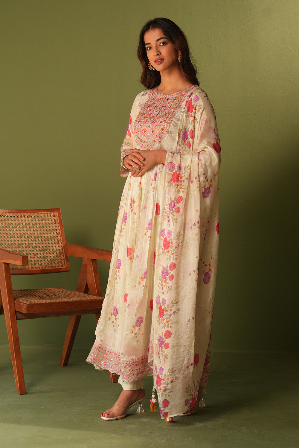 Cream Color Crepe Silk Neck Embroidered And Floral Printed Anarkali Suit