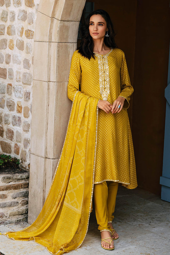 Mustard Silk Printed & Neck Embroidered Unstitched Suit