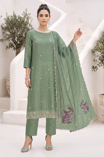 Sea Green Organza Resham Embroidered Unstitched Suit Material