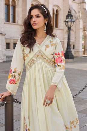 Cream Silk Floral Printed And Zari Embroidered Alia Cut Anarkali Gown