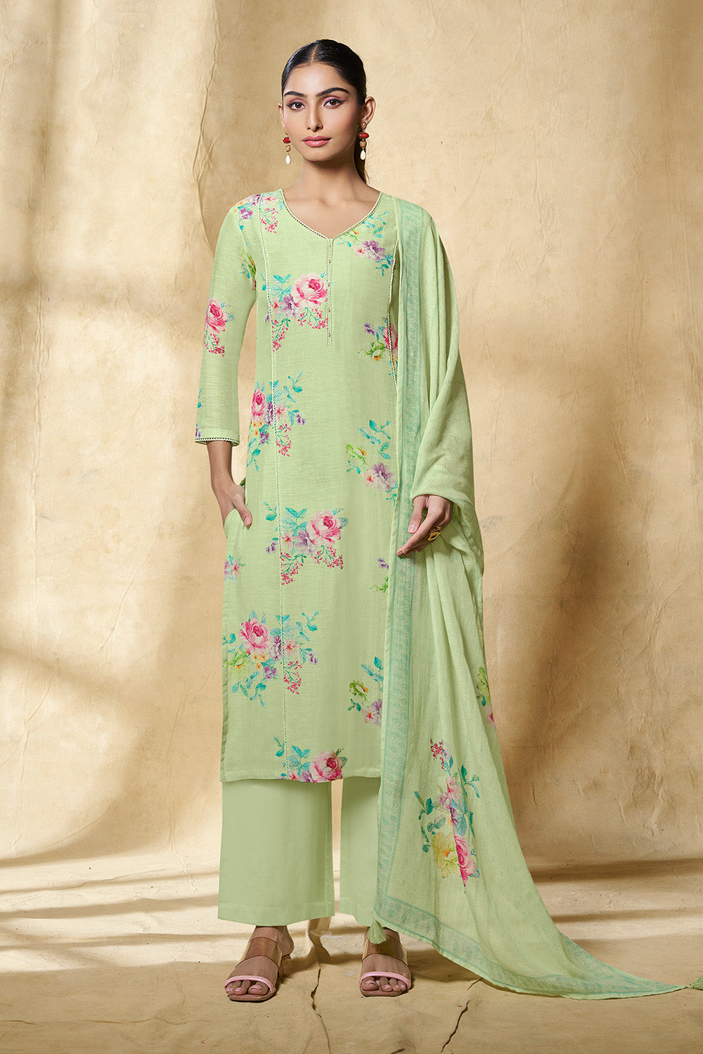 Pista Green Chanderi Cotton Floral Printed Suit Set