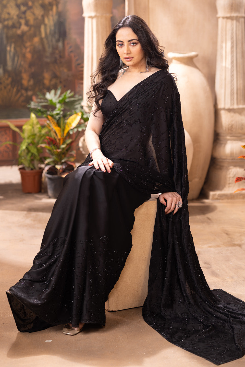 Black Satin Silk Swaroski Work Saree