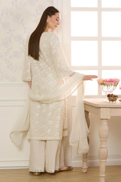 Cream Kota Cotton ChikanKari Unstitched Suit Material