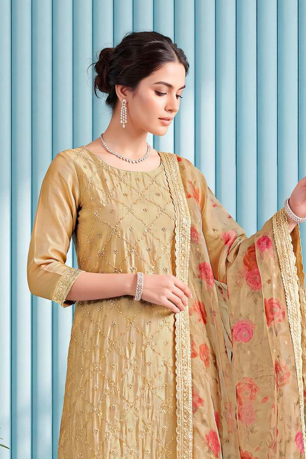 Fawn Organza Resham Embroidered Unstitched Suit Material