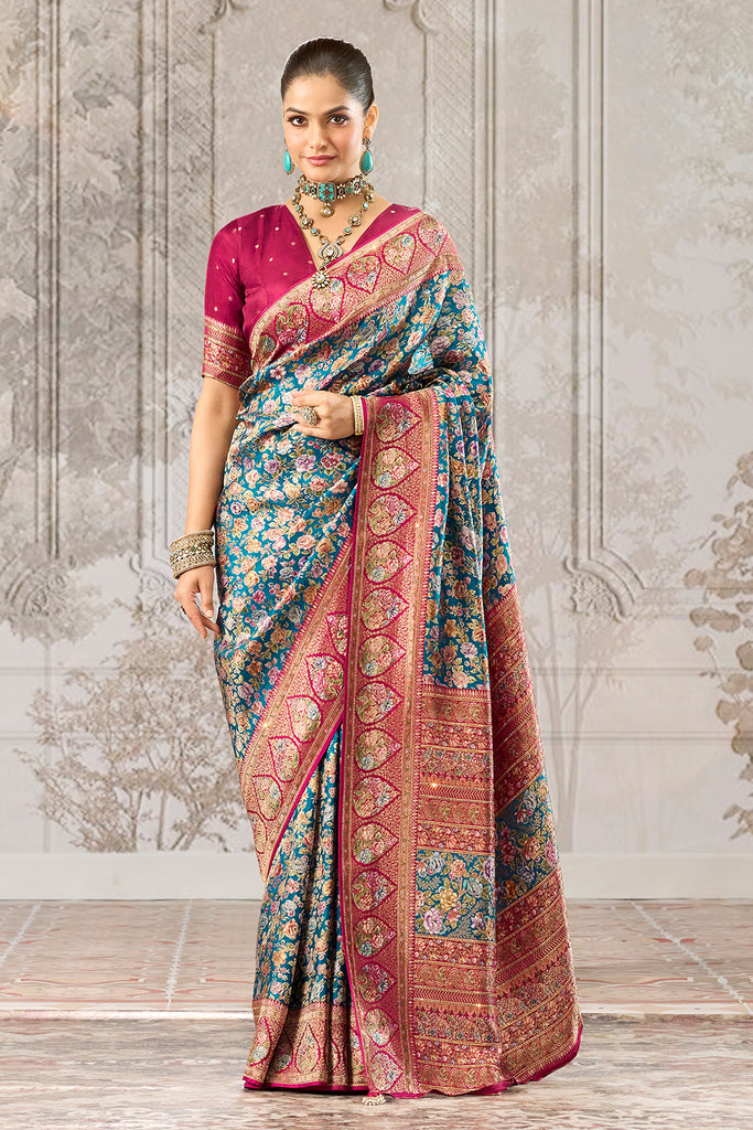 Blue Color Position Print Woven Silk Saree With Swarovski Work