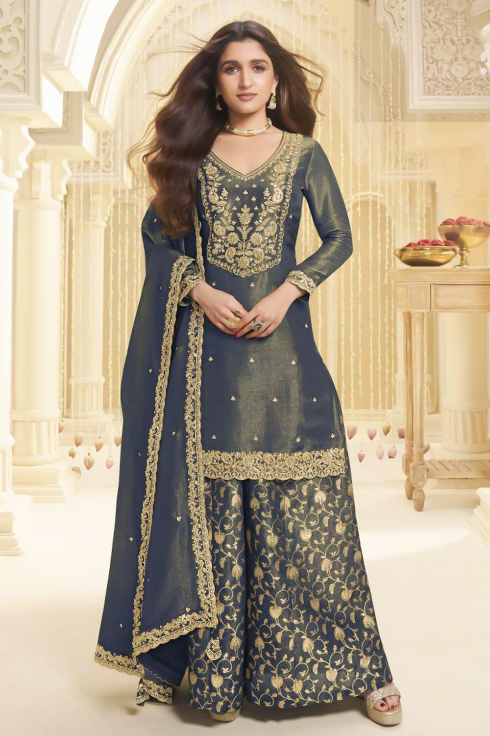 Navy Blue Color Metallic Tissue Zari Embroidered Suit With Woven Palazzo