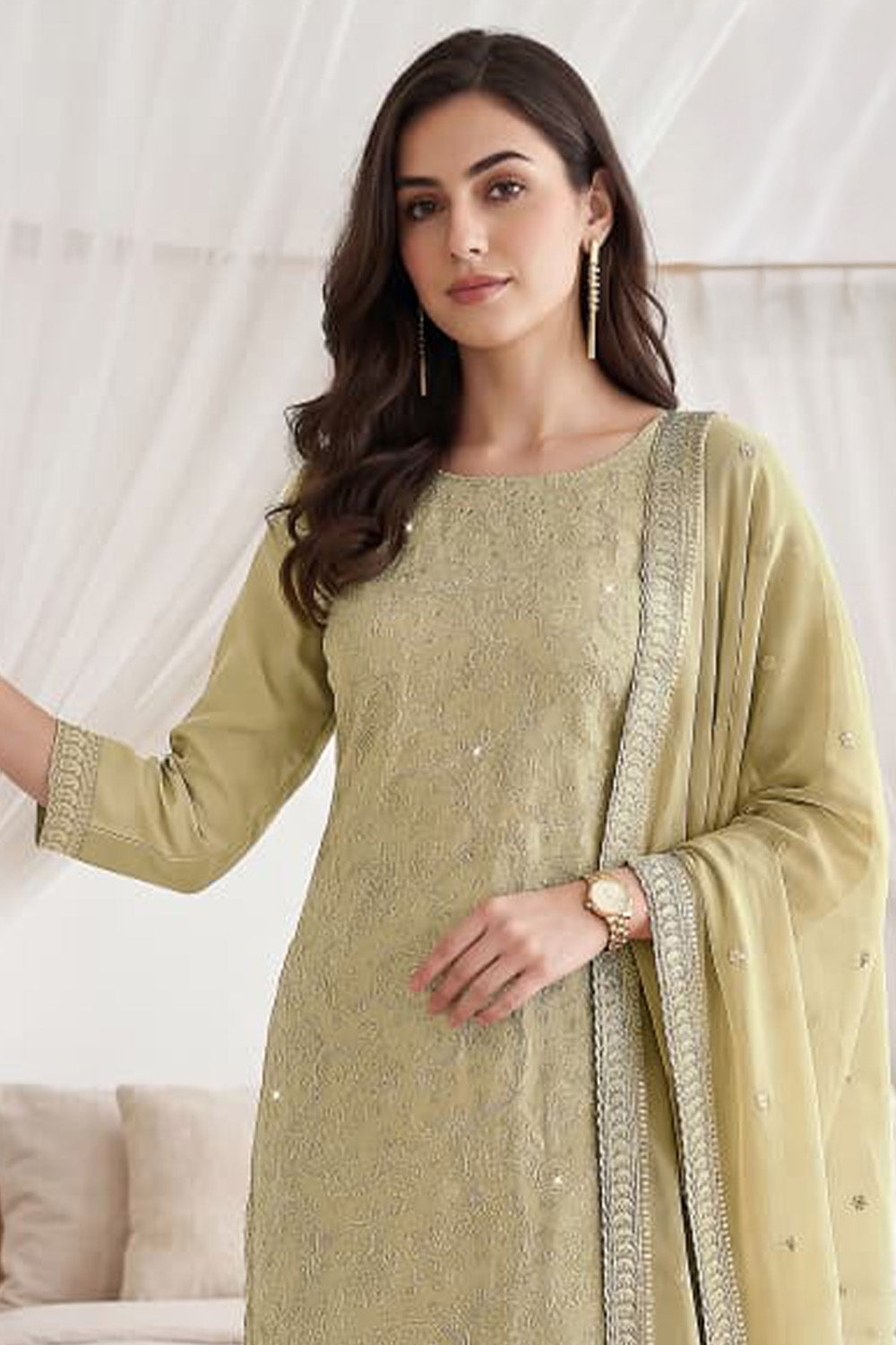 Pista Green Georgette Resham Embroidered And Swaroski Work Unstitched Suit Material