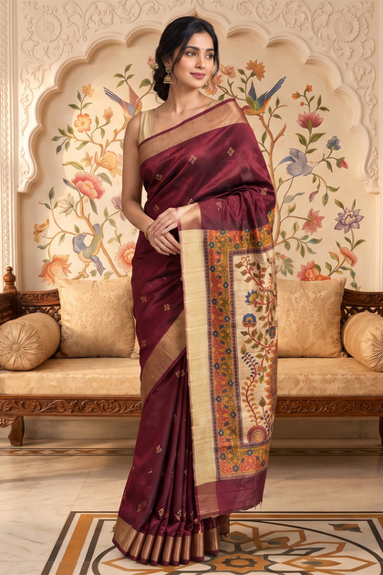Maroon Cotton Printed And Woven Border Saree