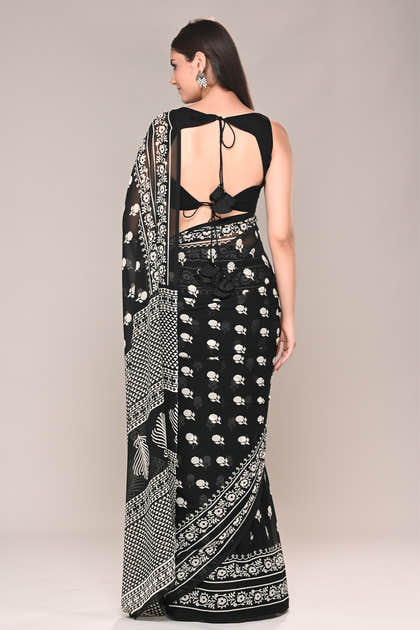 Black Color Printed Georgette Saree