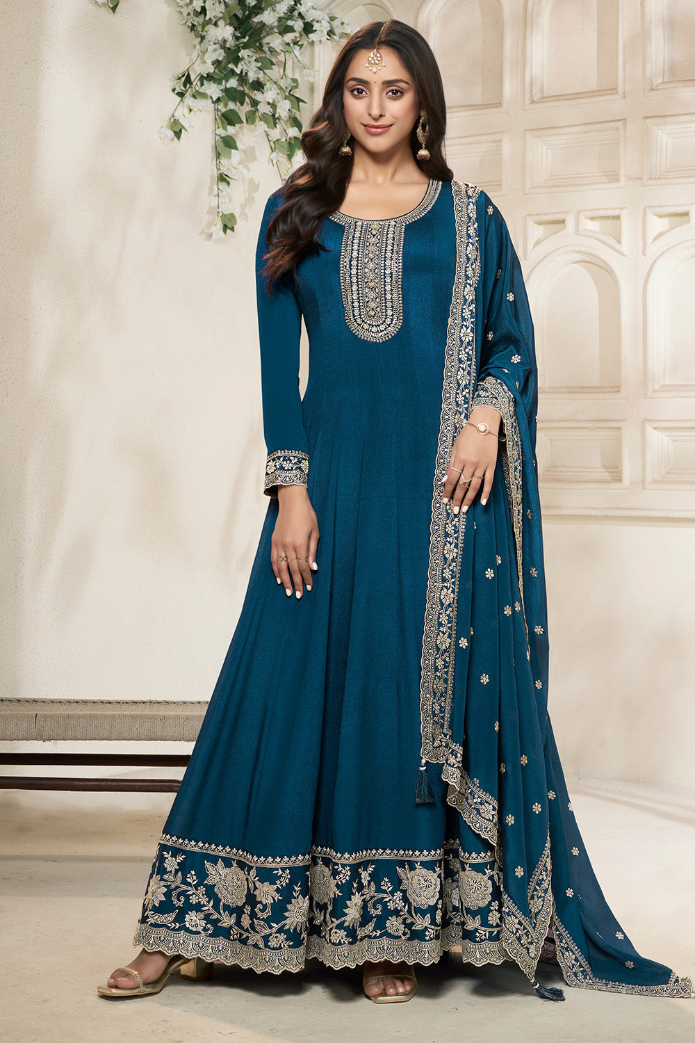 Blue Color Crepe Silk Embroidered Anarkali Kurti With Dupatta
