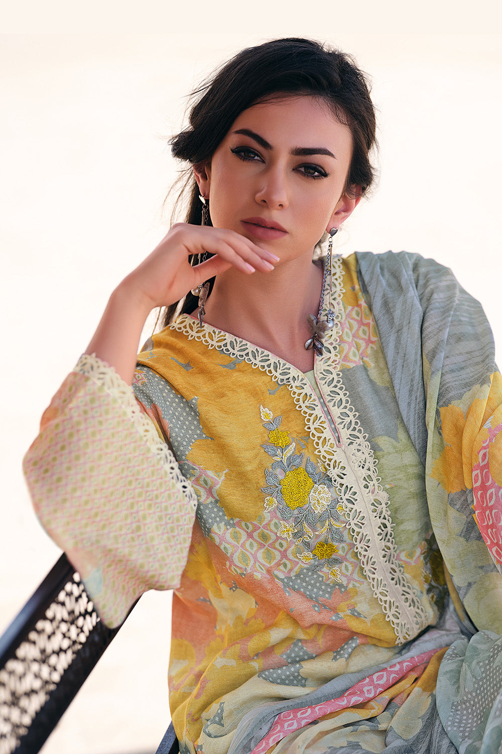 Grey Color Printed & Resham Embroidered Cotton Unstitched Suit Fabric
