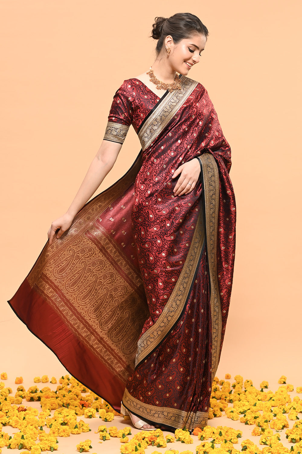 Black & Maroon Color Banarasi Silk Woven Saree