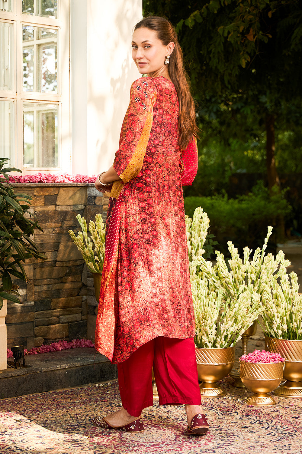 Maroon Crepe Silk Printed Kurta Set