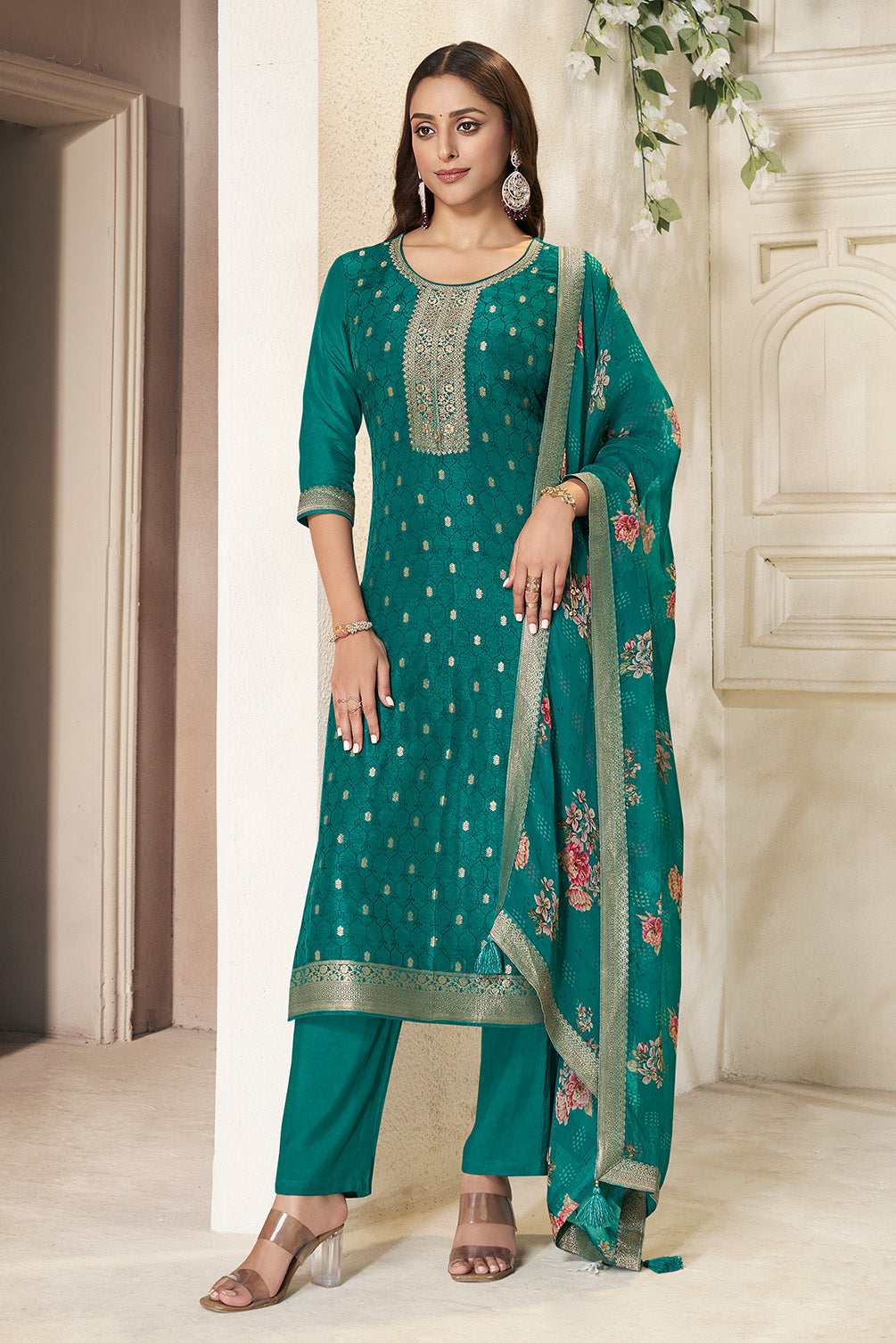 Teal Silk Zari & Resham Woven Suit Set