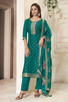Teal Silk Zari & Resham Woven Suit Set