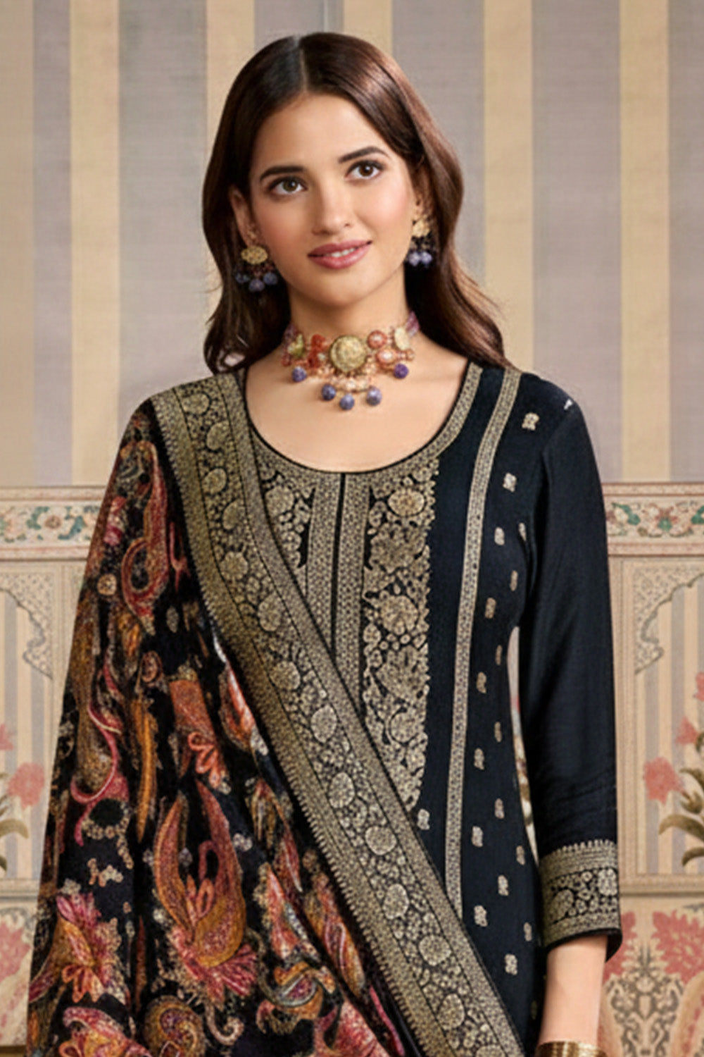 Black Color Pashmina Woven Unstitched Suit Material