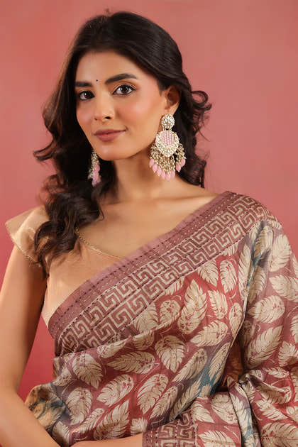 Rust Tussar Silk Printed Saree