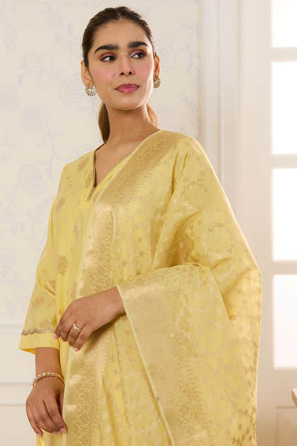 Yellow Chanderi Cotton Zari Woven Unstitched Suit Material