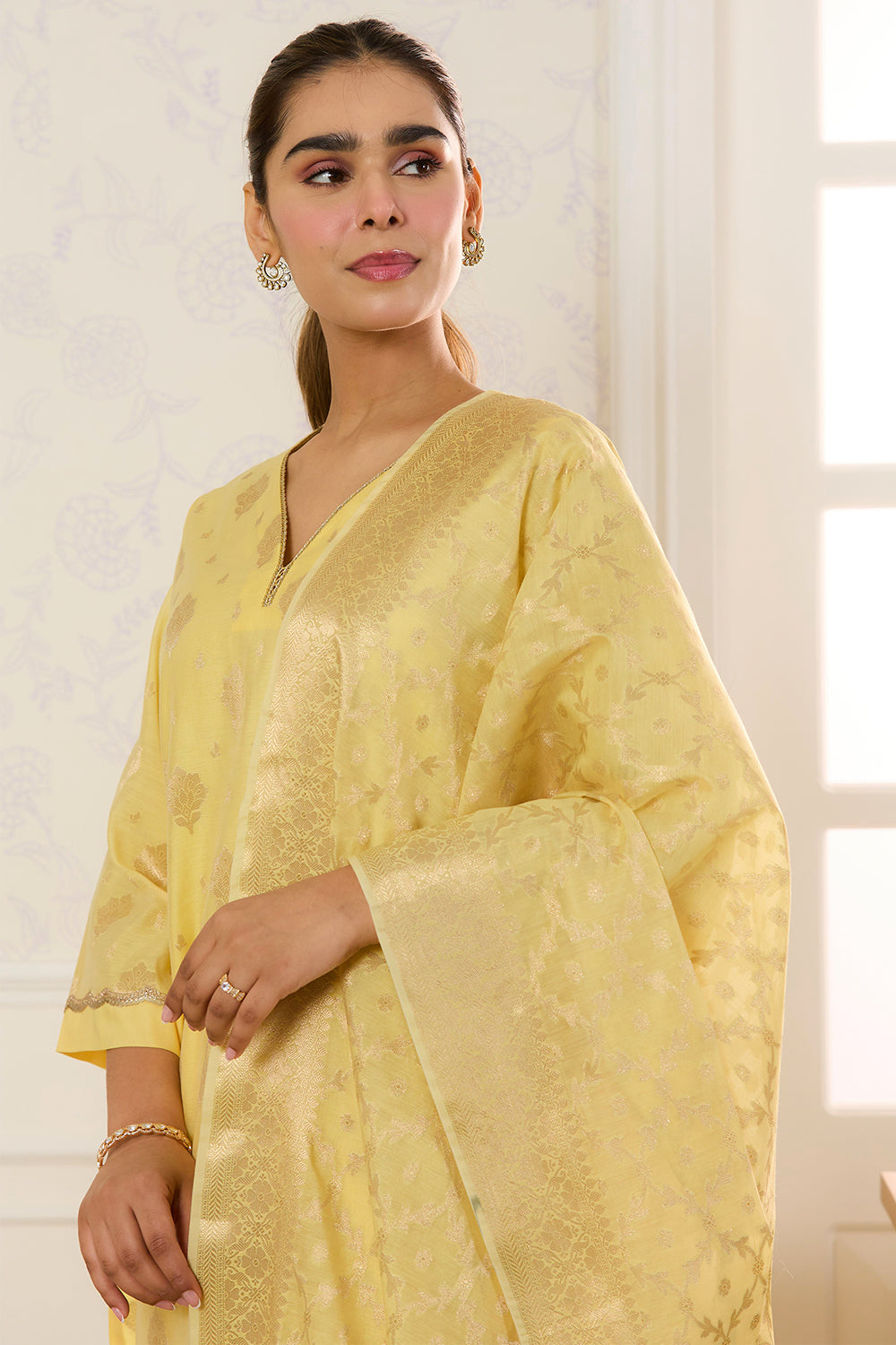 Yellow Chanderi Cotton Zari Woven Unstitched Suit Material