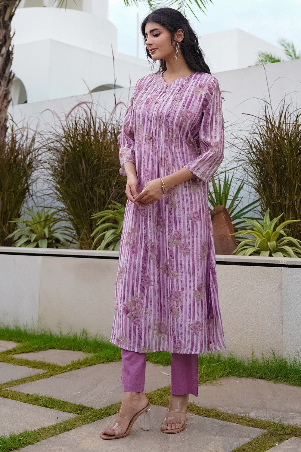 Lavender Floral Printed Muslin Kurta Set