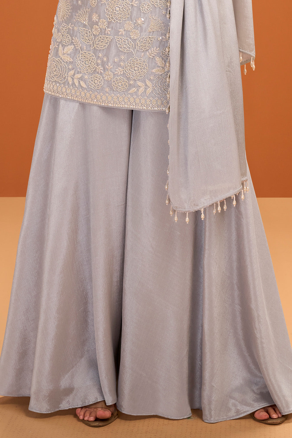 Grey Crepe Silk Cut-Dana and Resham Embroidered Suit with Palazzo
