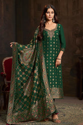Bottle Green Silk Neck Embroidered And Zari Woven Suit With Woven Dupatta Set