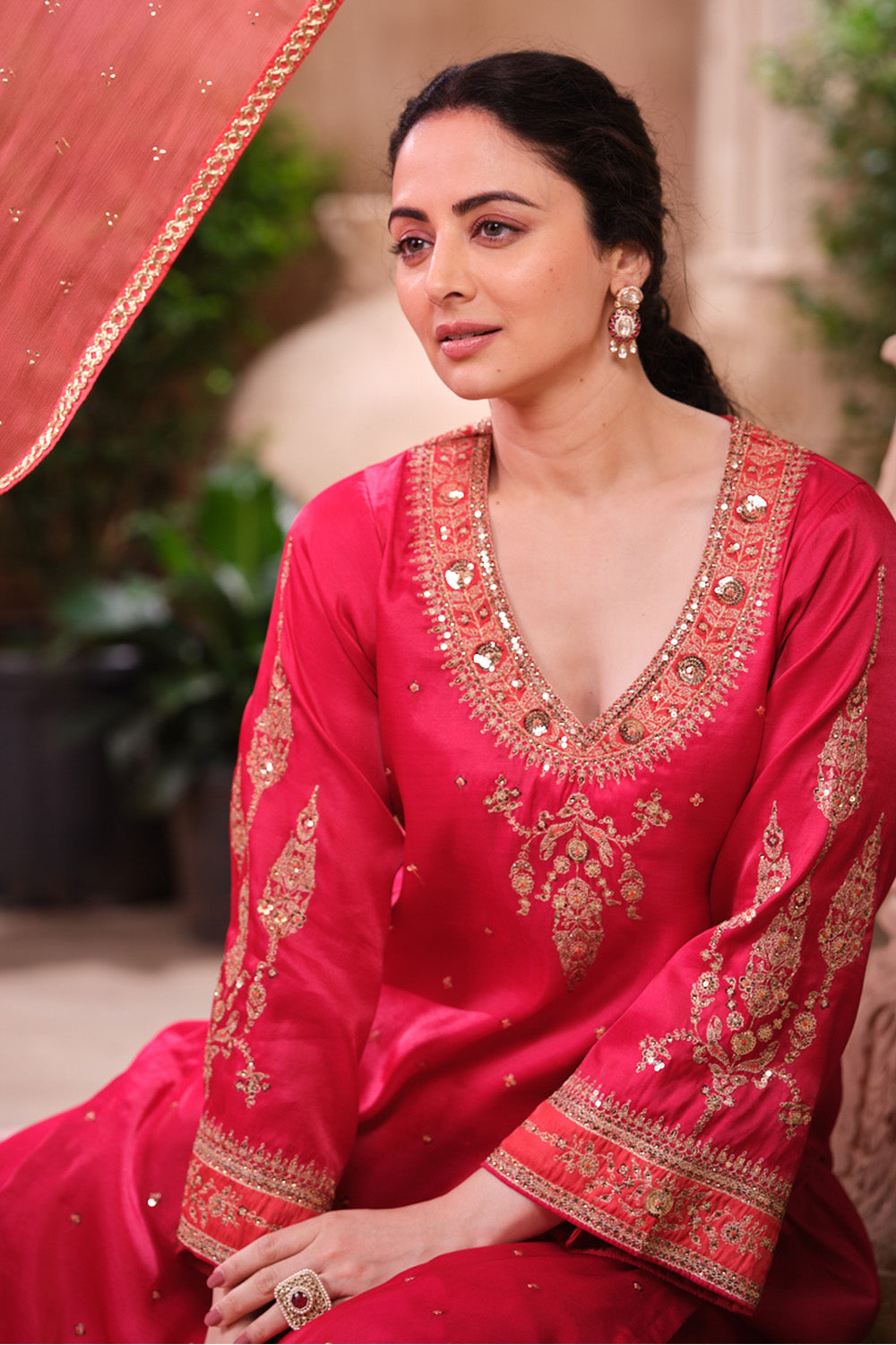 Cherry Red Pure Silk Sequins And Zari Embroiderd Suit Set
