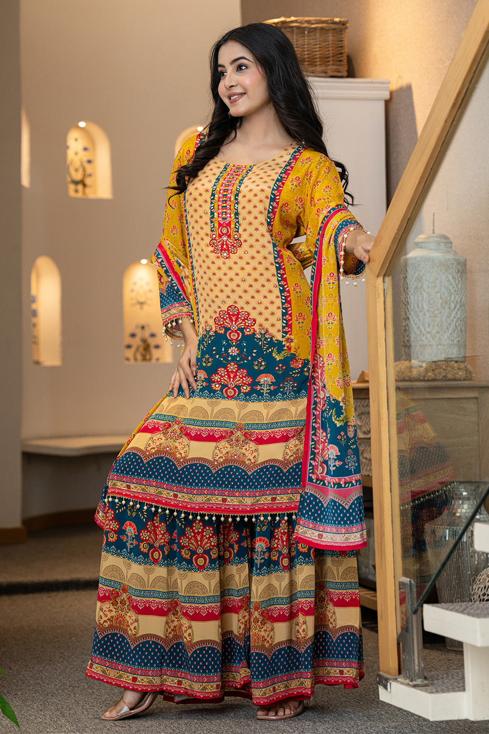 Mustard Crepe Silk Printed Suit With Printed Palazzo