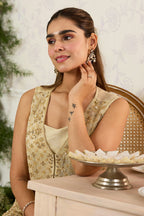 Beige Shimmer Fabric Embroidered Jacket, Crop Top & Palazzo Co-ord Set