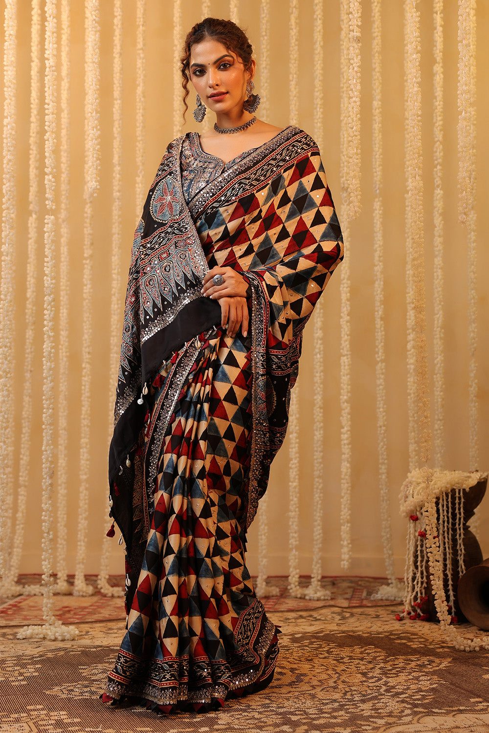 Navy & Beige Printed And Embroidered Pure Mulberry Silk Saree