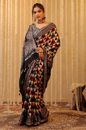 Navy & Beige Printed And Embroidered Pure Mulberry Silk Saree