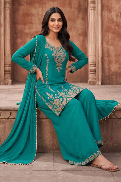 Teal Crepe Silk Cut-Dana Embroidered Suit With Embroidered Palazzo