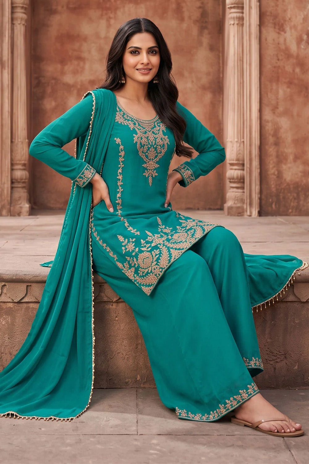 Teal Crepe Silk Cut-Dana Embroidered Suit With Embroidered Palazzo