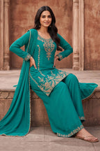 Teal Crepe Silk Cut-Dana Embroidered Suit With Embroidered Palazzo