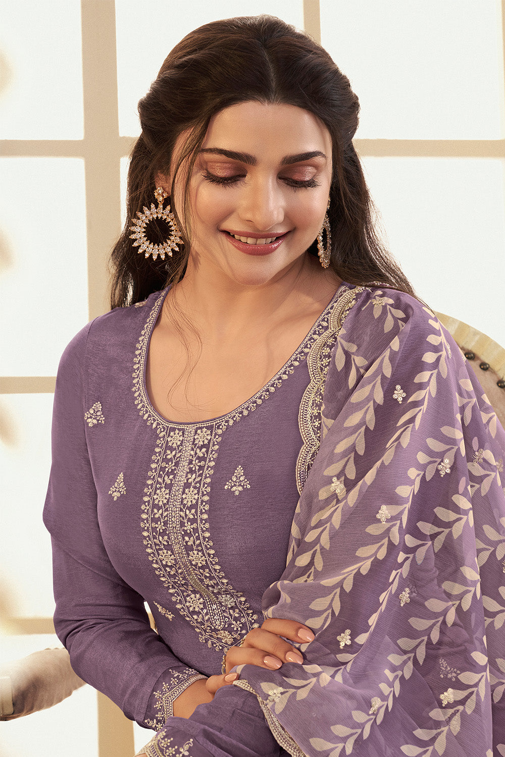 Lavender Color Embroidered Crepe Silk Unstitched Suit Fabric